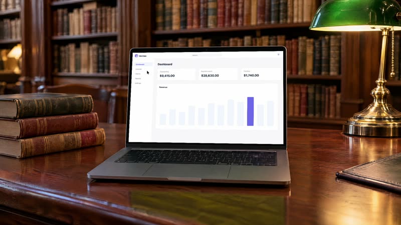 A laptop on a reading table in an old library