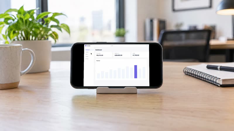 A phone on its side on a stand on a desk
