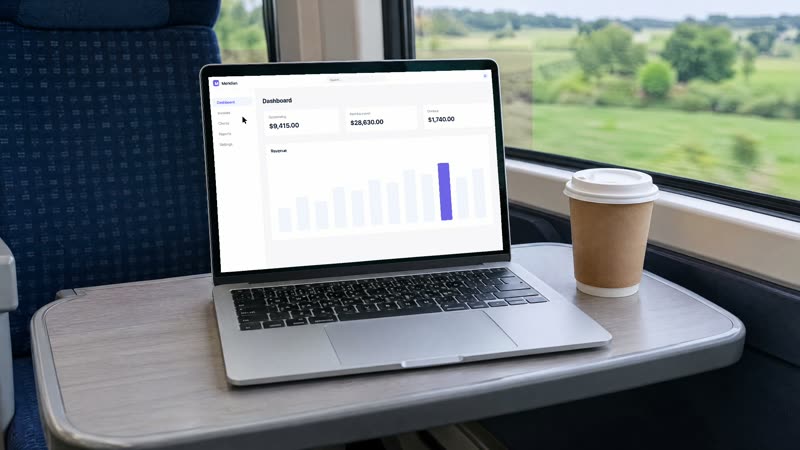 A laptop on a train table by the window