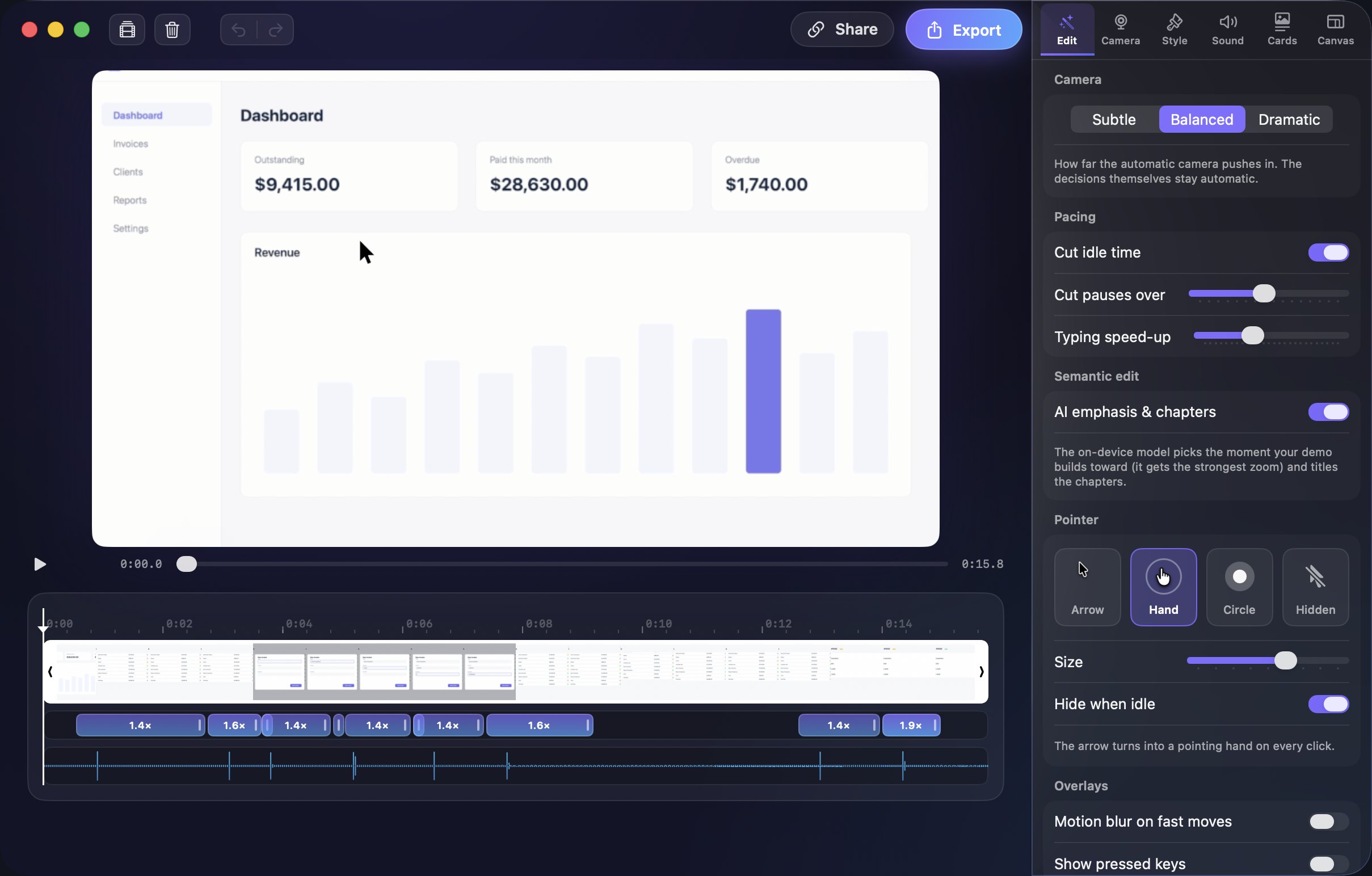 The Capta editor: a recorded invoicing dashboard in the preview, a timeline beneath it with a filmstrip, zoom bars from 1.4× to 1.9× and an audio lane, and the Edit tab on the right with camera intensity, pacing, AI emphasis and pointer settings.