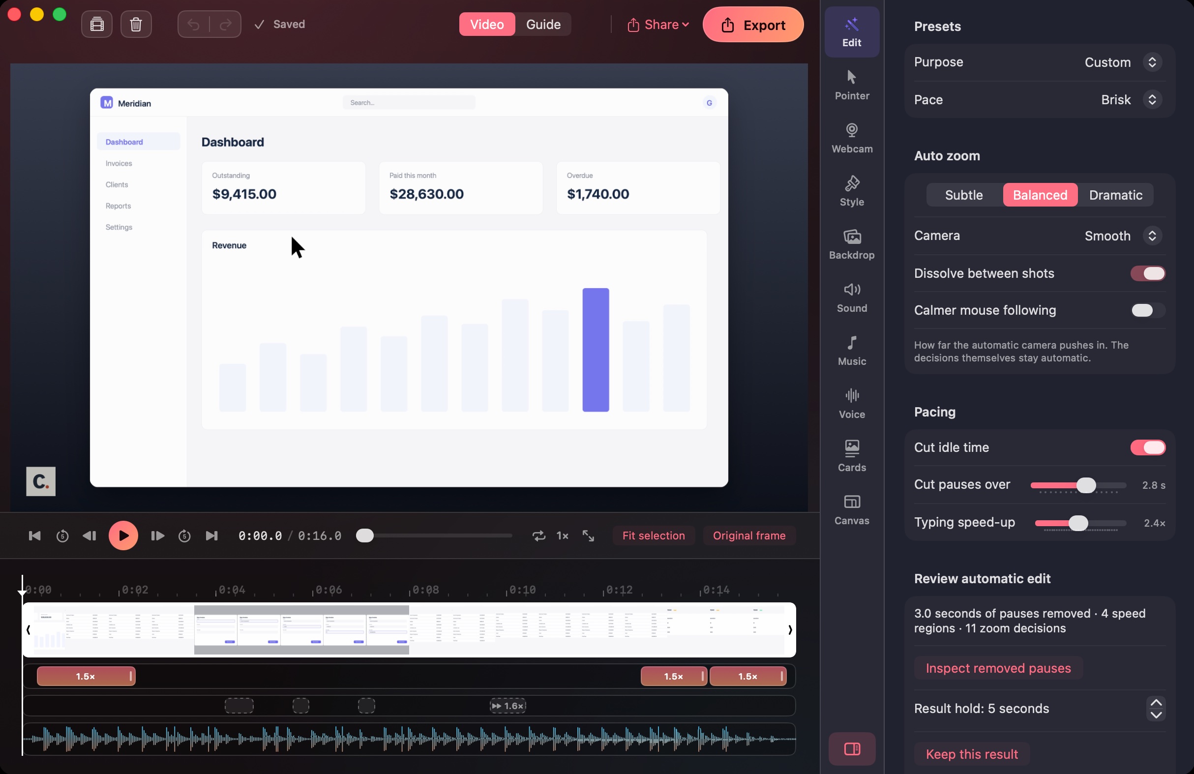 The Capta editor: a recorded invoicing dashboard in the preview, a timeline beneath it with a filmstrip, zoom bars and an audio lane, and the Edit tab on the right with presets, auto zoom and pacing