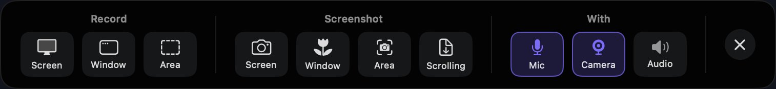 Capta's capture panel: Record (Screen, Window, Area), Screenshot (Screen, Window, Area, Scrolling) and With (Mic, Camera, Audio) toggles, with Mic and Camera switched on.
