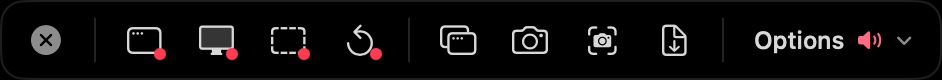 Capta's capture panel, a slim toolbar: close; record a window, the screen, an area or again (each with a red dot); screenshot a window, the screen, an area or a scrolling page; and Options, with system audio switched on